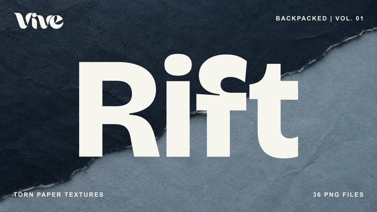 RIFT cover: centered ivory lettering over midnight ink and smoky steel paper, with the official Vive logo upper-left